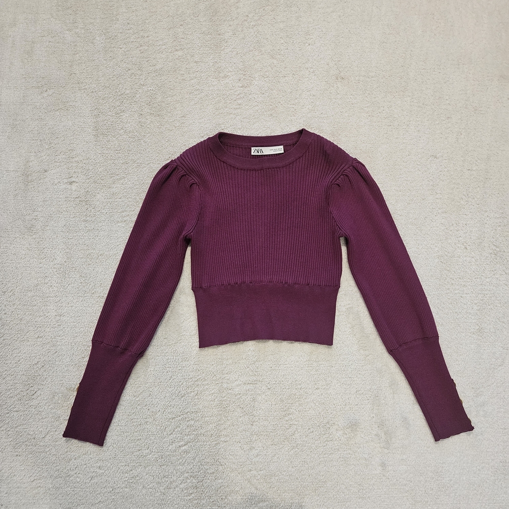 Zara Purple Puff-Sleeve Ribbed Knit Sweater Size S Minimalist Feminine Retro 80s - Picture 5 of 11